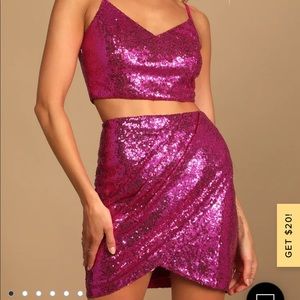 Disco Groove Magenta Sequin Two-Piece Bodycon Mini Dress